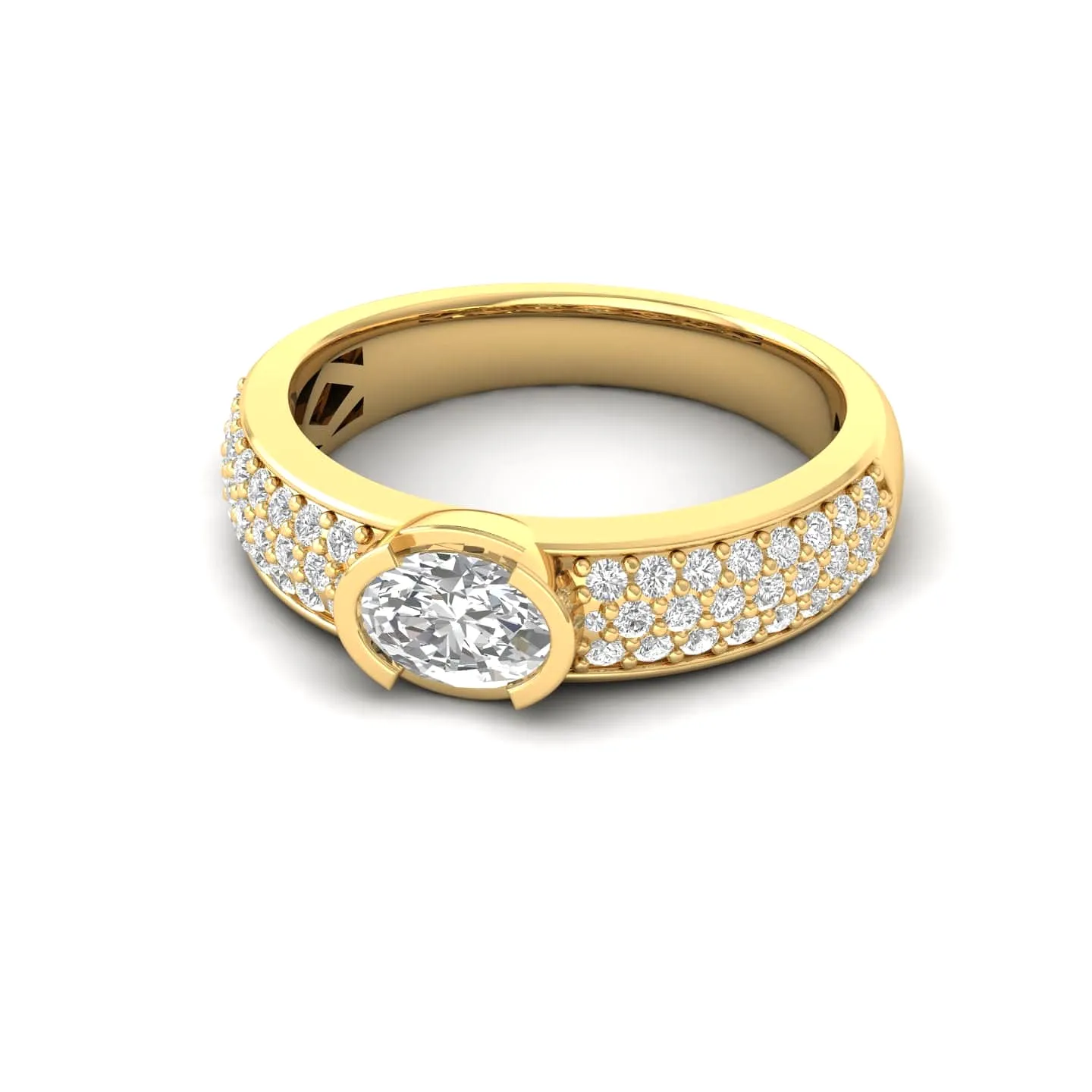 14K & 18K Gold East West Oval Diamond with Micro-Pave Diamond Ring, Lab Grown