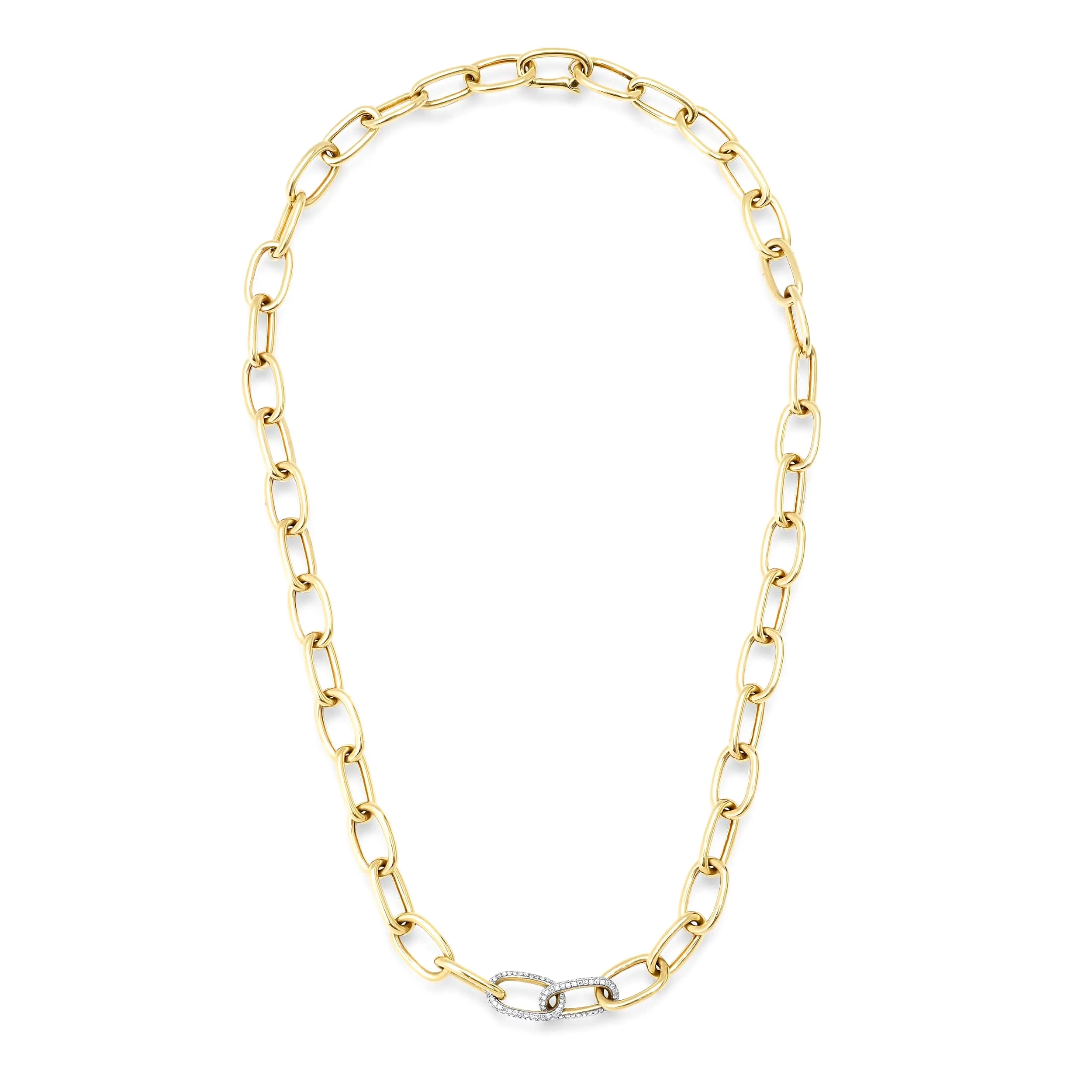 14K Gold Two Pave Links Paper Clip Chain Necklace