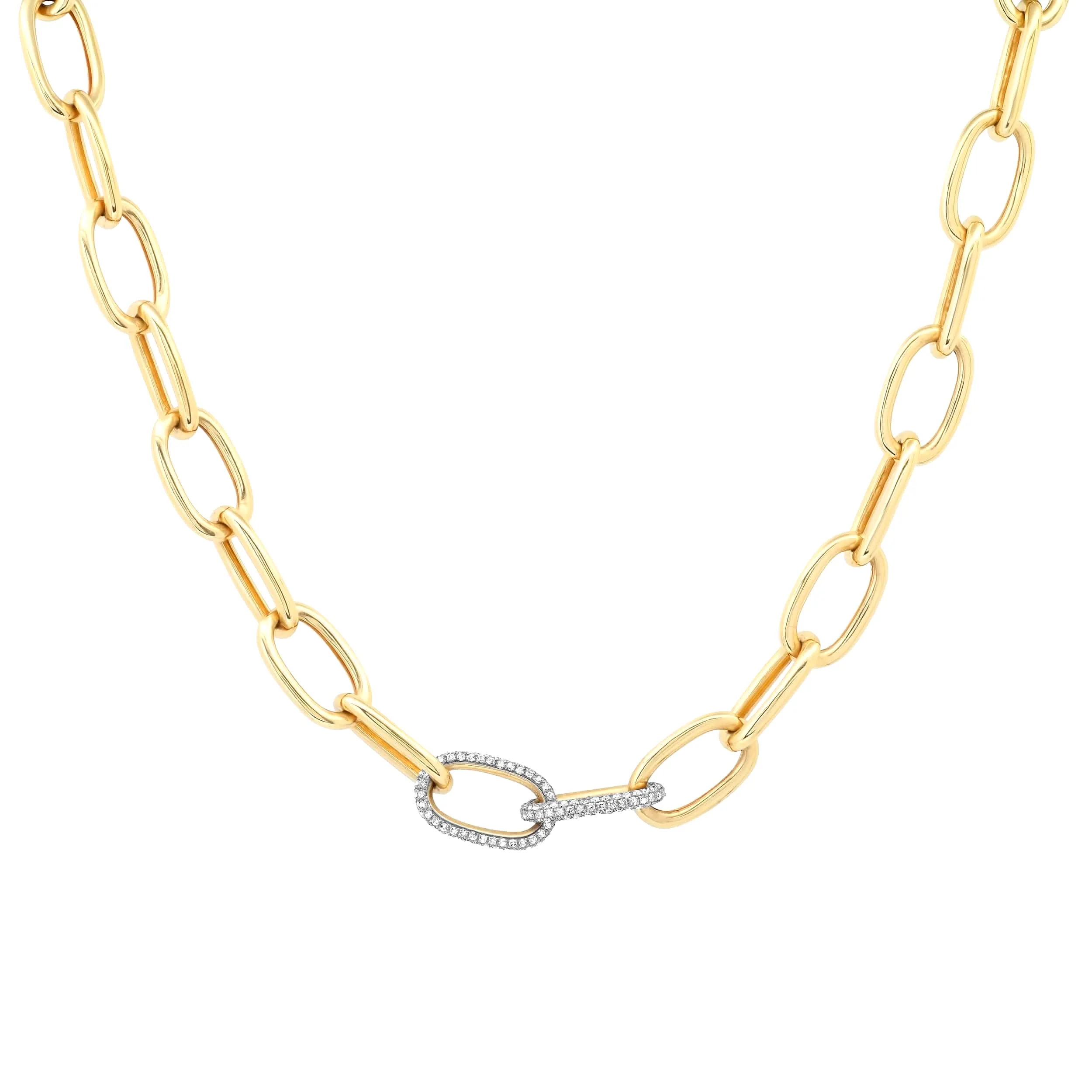 14K Gold Two Pave Links Paper Clip Chain Necklace