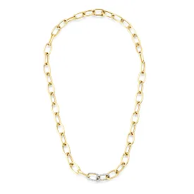 14K Gold Two Pave Links Paper Clip Chain Necklace