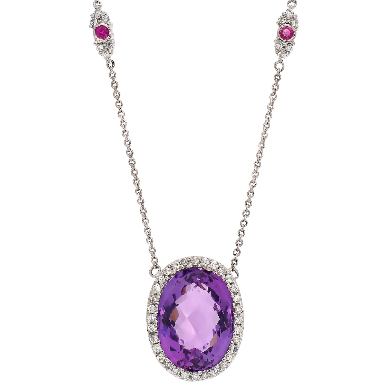 14K White Gold Amethyst, Ruby, and Diamond Necklace