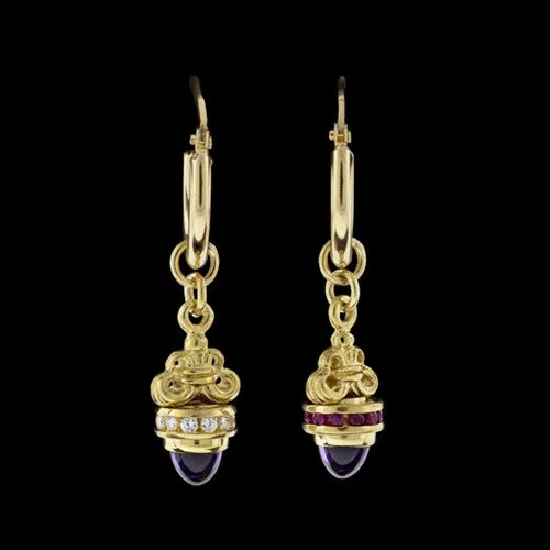 18Kt Amethyst, Ruby, & Diamond Earrings