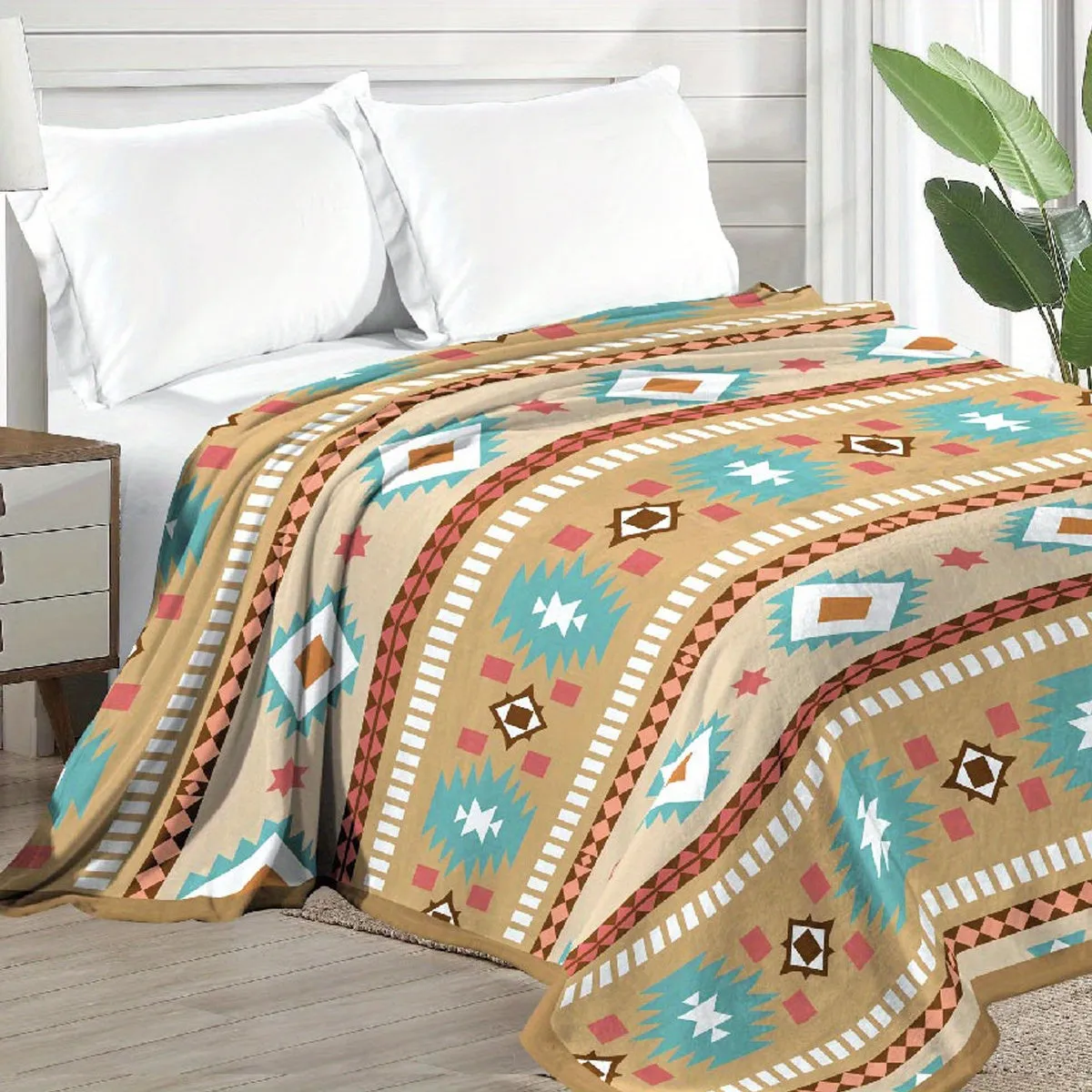 1pc Southwestern Style Throw Blanket, 400GSM Soft Flannel Blanket For Sofa Office Bed Camping Travelling, 90.55*82.68inch