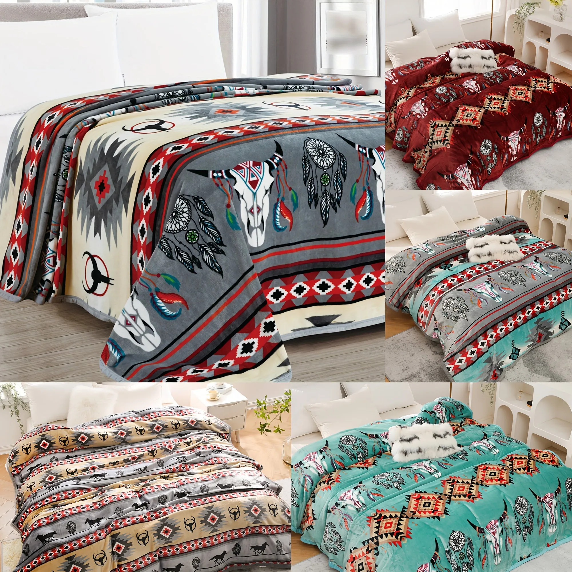 1pc Southwestern Style Throw Blanket, 400GSM Soft Flannel Blanket For Sofa Office Bed Camping Travelling, 90.55*82.68inch