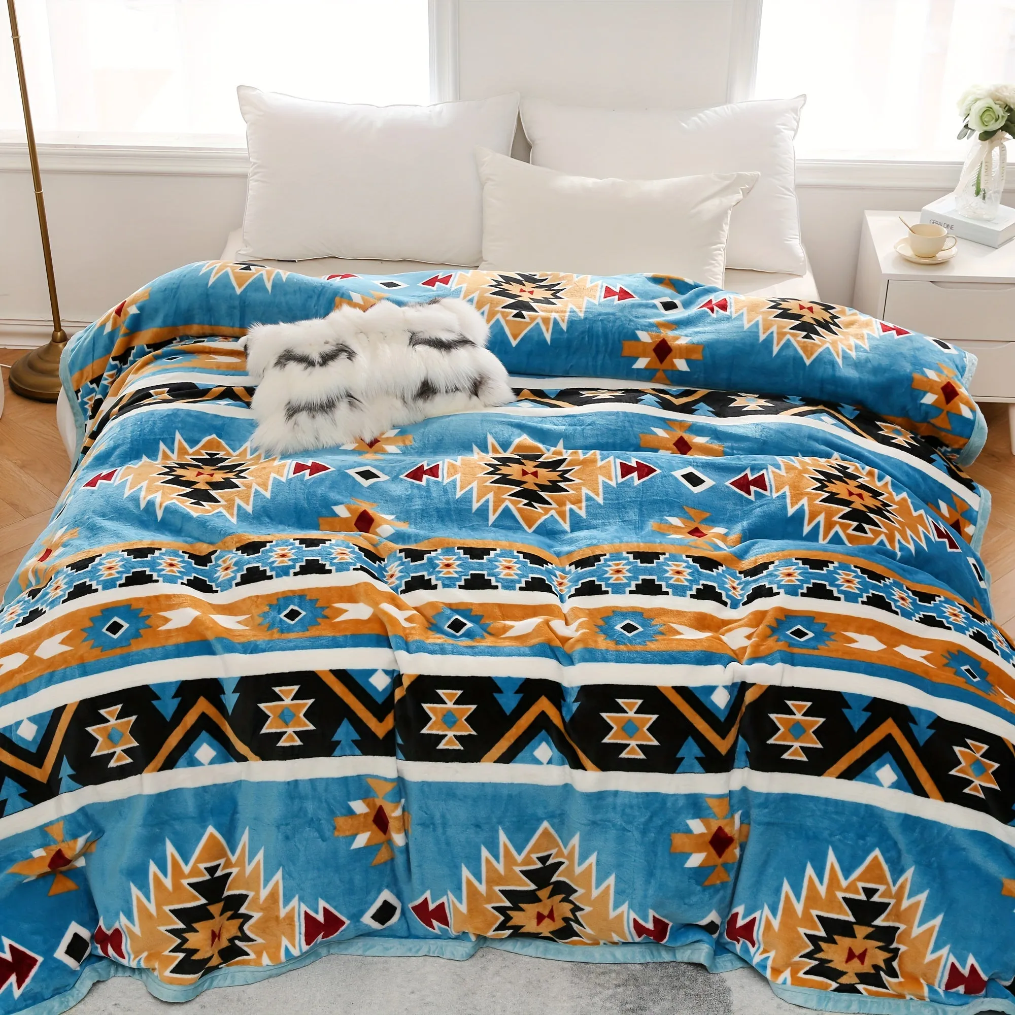 1pc Southwestern Style Throw Blanket, 400GSM Soft Flannel Blanket For Sofa Office Bed Camping Travelling, 90.55*82.68inch