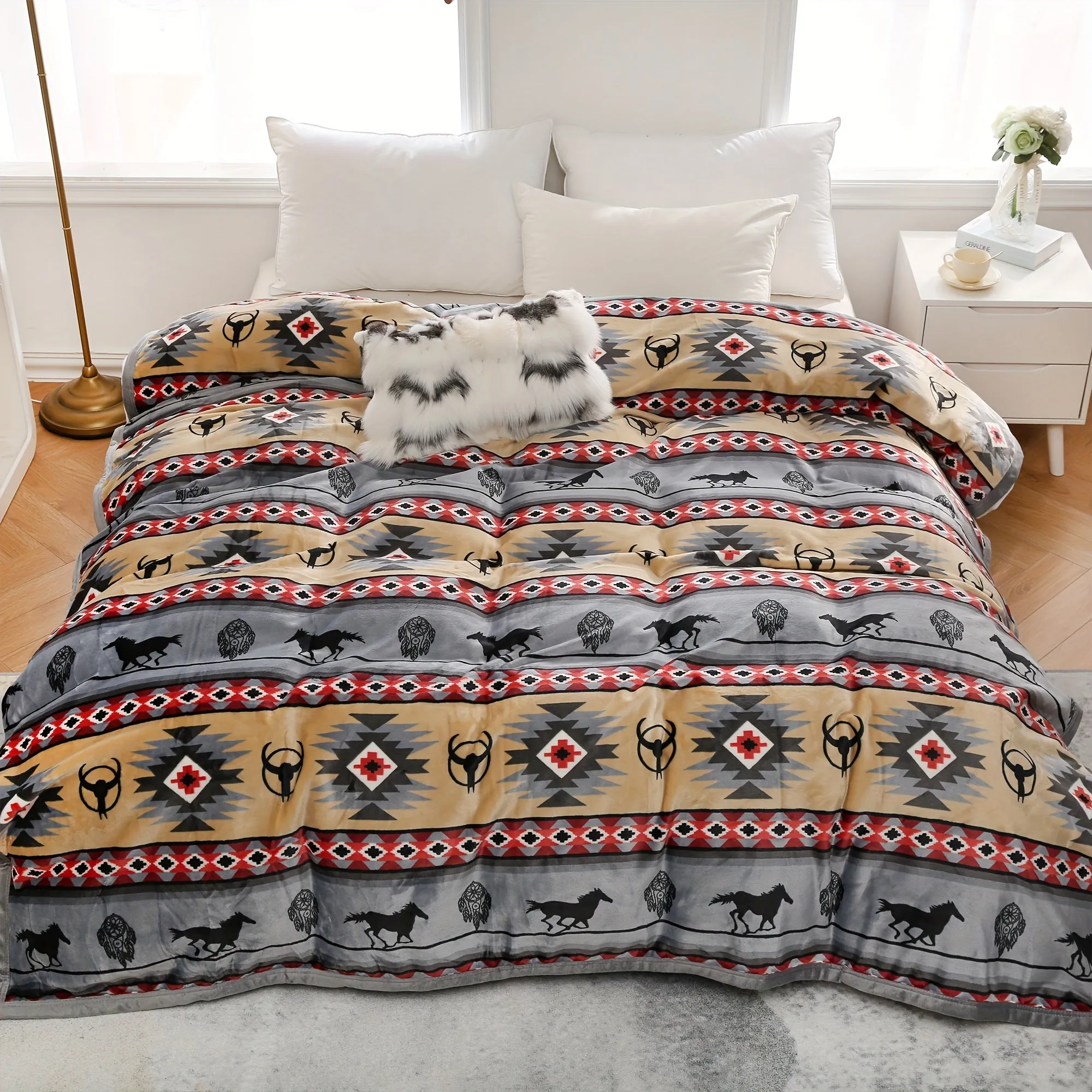 1pc Southwestern Style Throw Blanket, 400GSM Soft Flannel Blanket For Sofa Office Bed Camping Travelling, 90.55*82.68inch