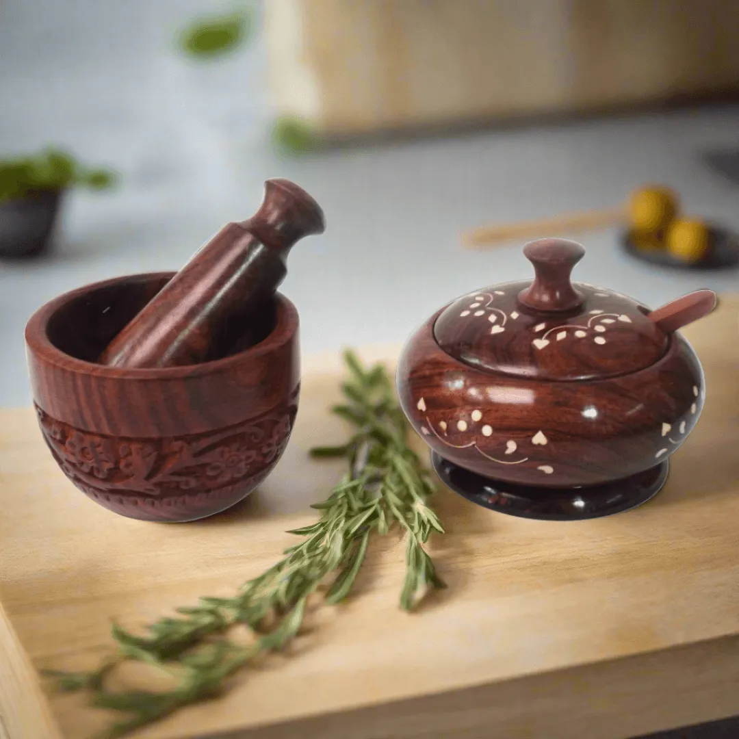 2 * 1 Wooden Mortar and Pestle set, Bowl with lid & spoon