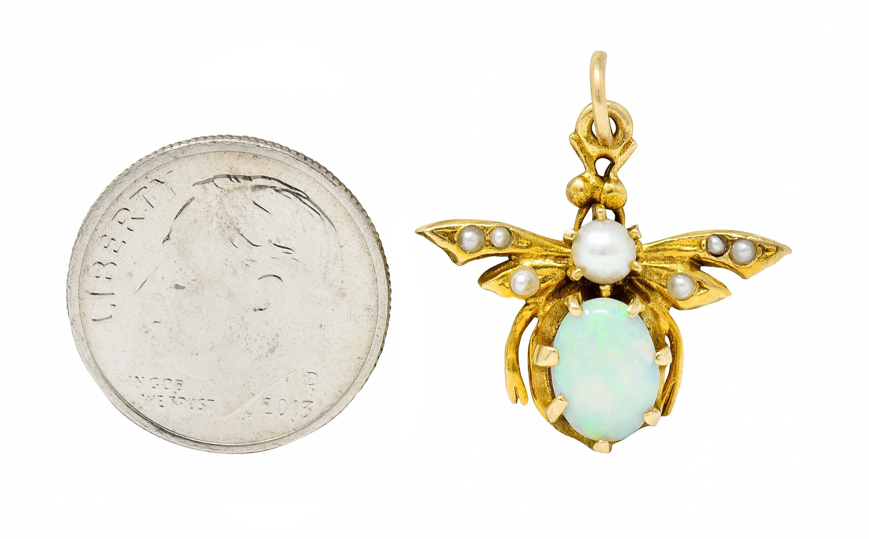 Art Nouveau Opal Pearl 14 Karat Gold Bee Insect Charm