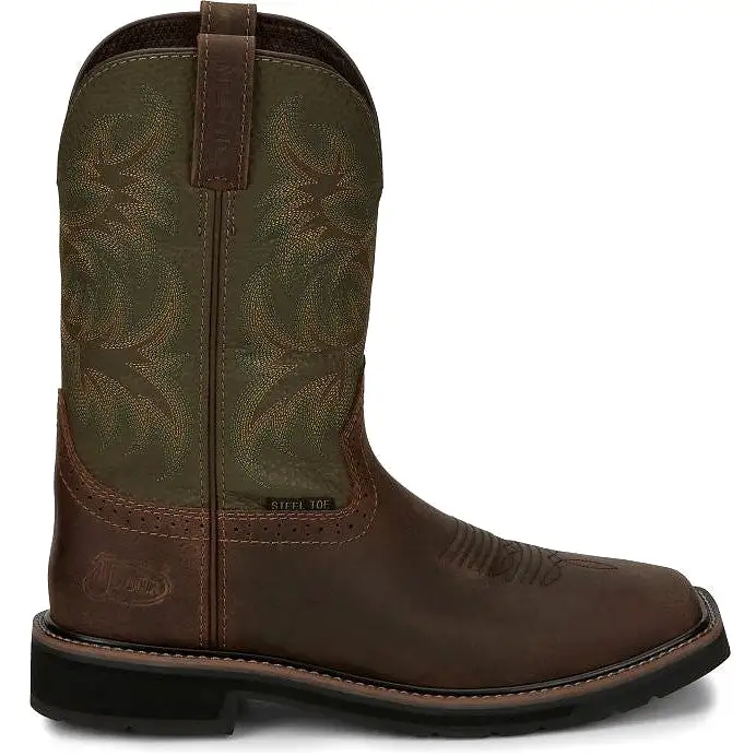 Justin Men's Driller 11 ST Western Work Boot -Brown/Green- SE4688