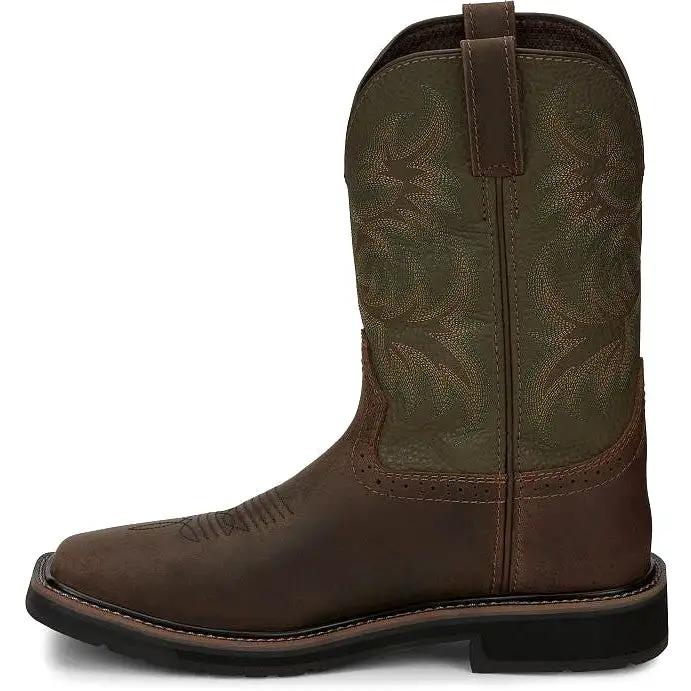 Justin Men's Driller 11 ST Western Work Boot -Brown/Green- SE4688