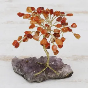 Little Tree Carnelian and Amethyst Gemstone Tree Sculpture from Brazil