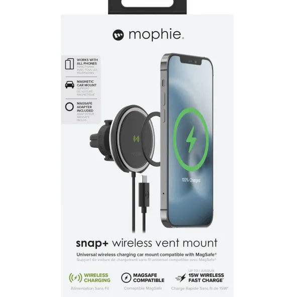 Mophie Snap+ MagSafe Compatible Car Vent Mount Wireless Fast Charging Pad Charger USB-C 15W