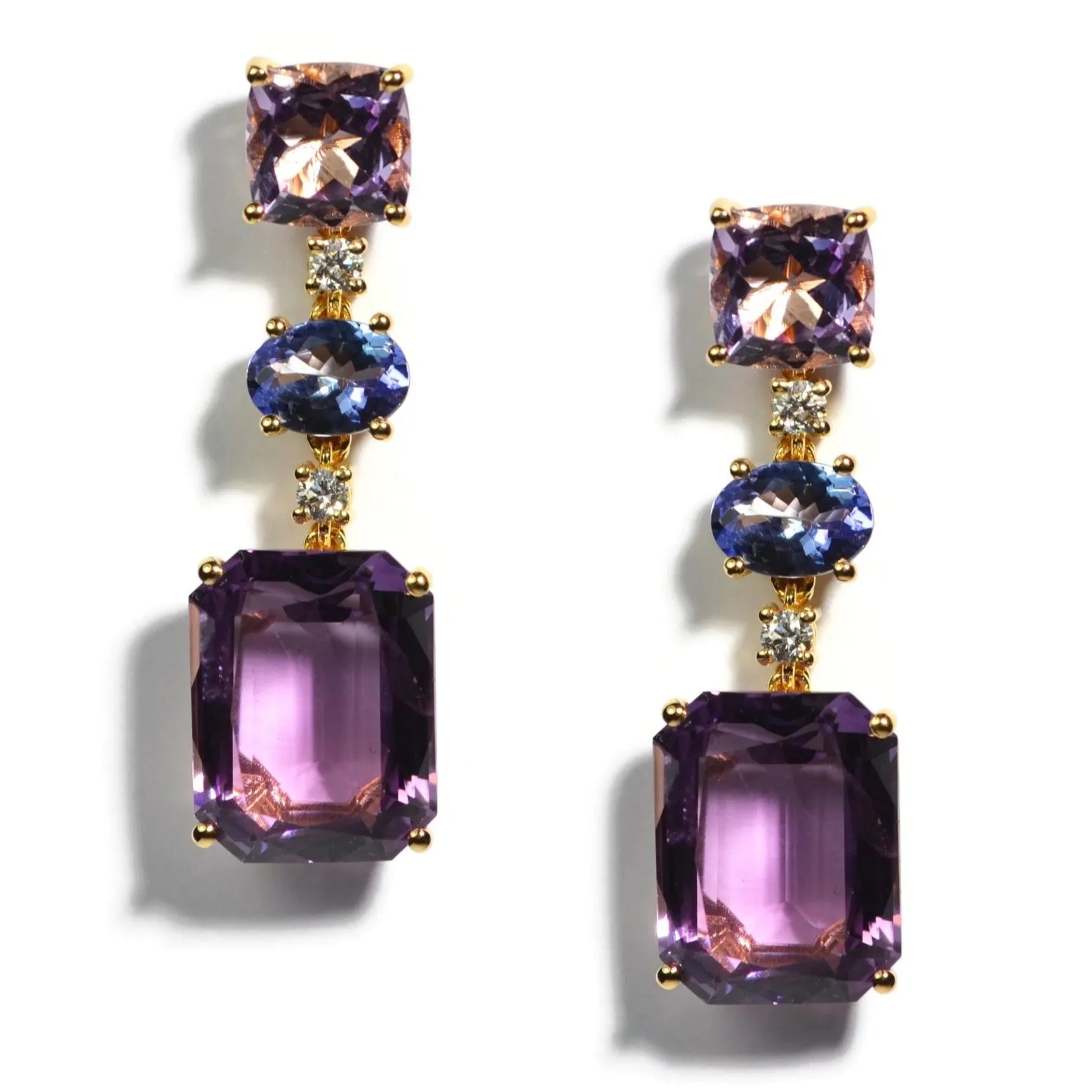 Party - Drop Earrings with Rose de France, Tanzanite, Amethyst and Diamonds, 18k Yellow Gold