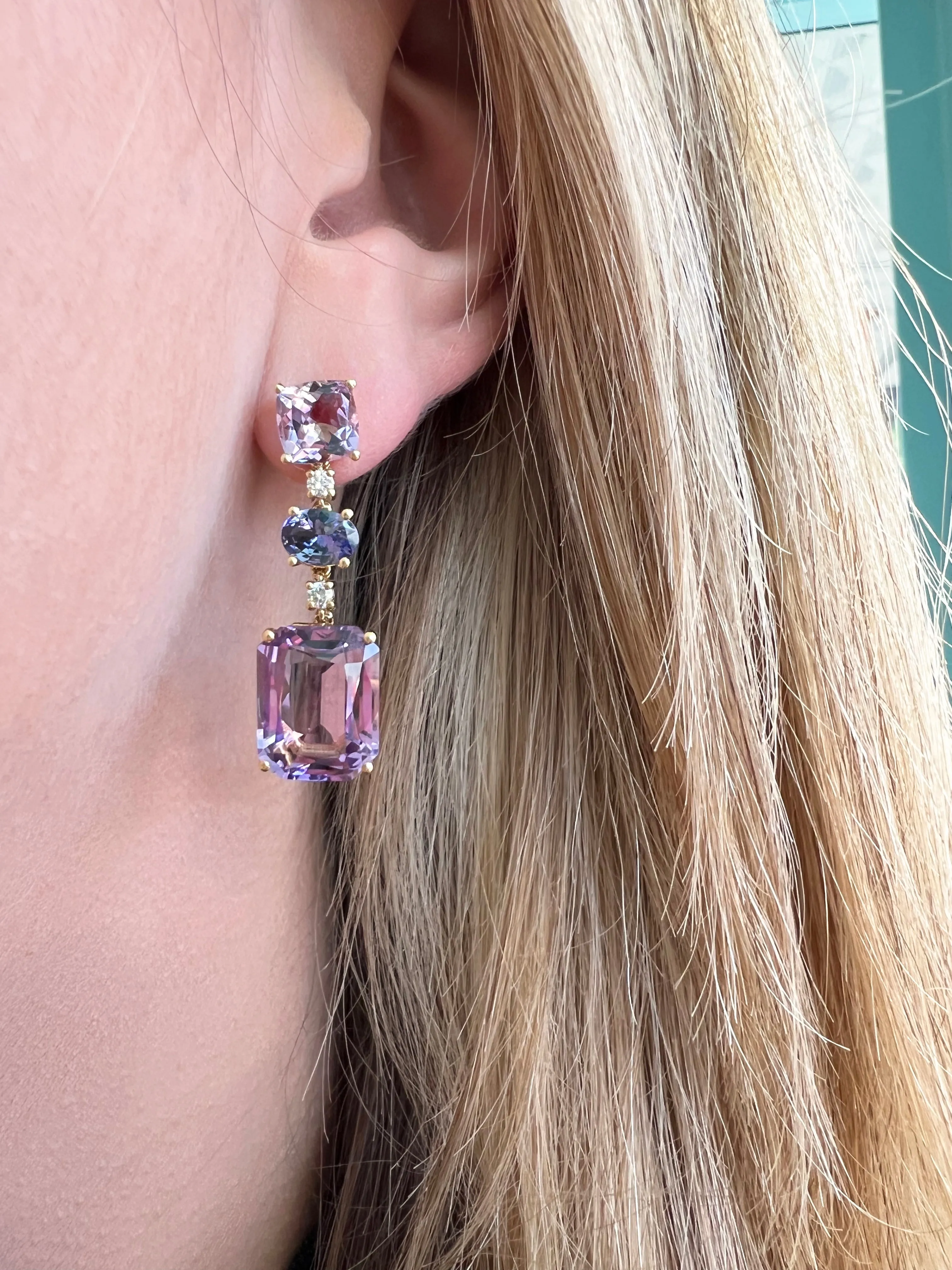 Party - Drop Earrings with Rose de France, Tanzanite, Amethyst and Diamonds, 18k Yellow Gold