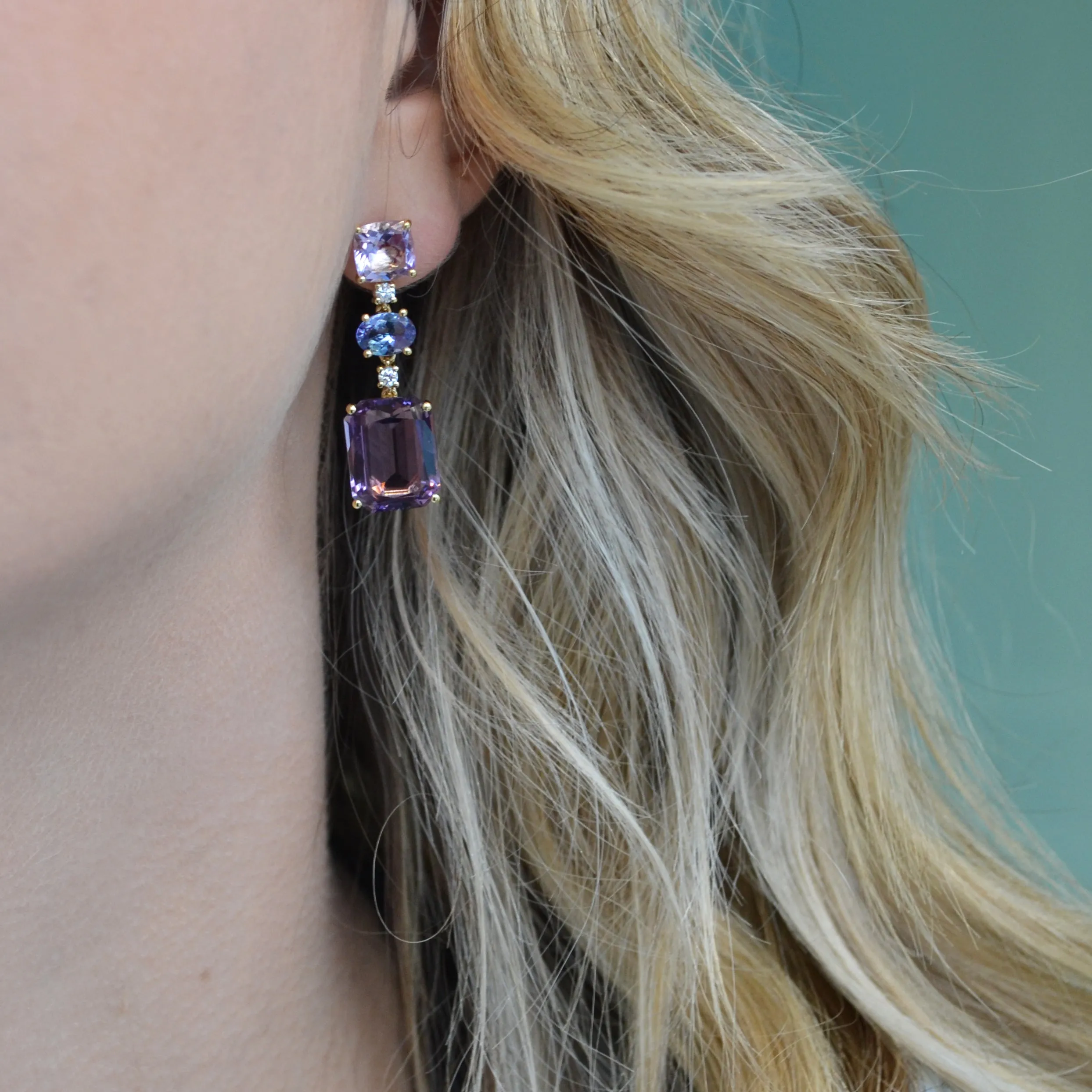 Party - Drop Earrings with Rose de France, Tanzanite, Amethyst and Diamonds, 18k Yellow Gold