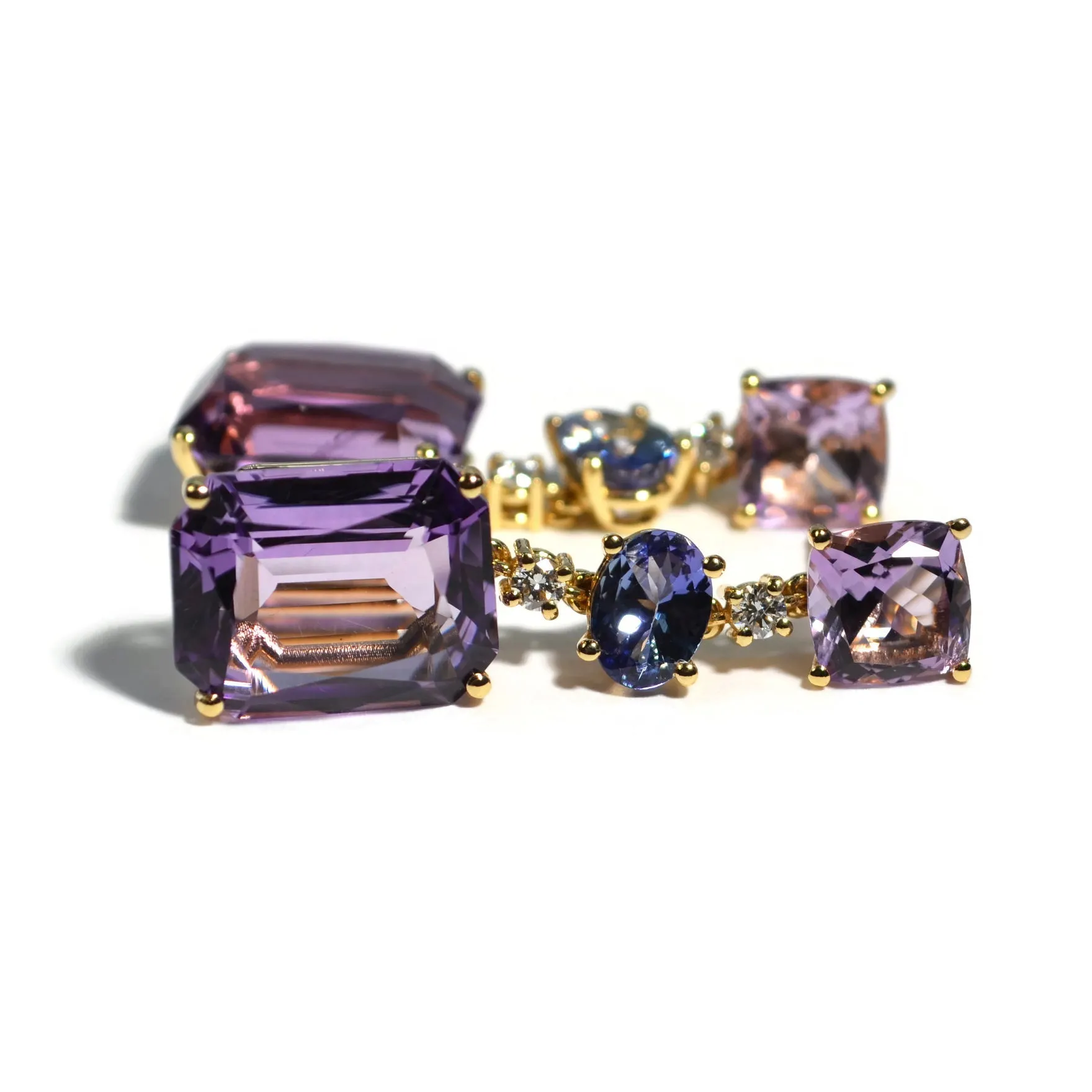 Party - Drop Earrings with Rose de France, Tanzanite, Amethyst and Diamonds, 18k Yellow Gold