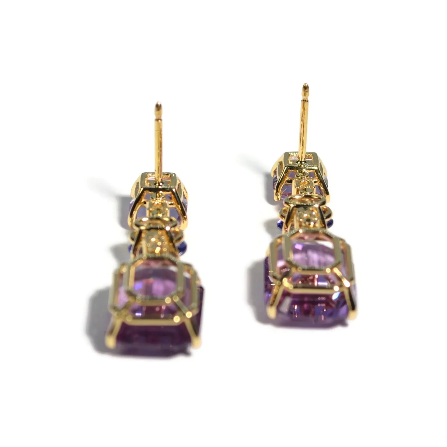 Party - Drop Earrings with Rose de France, Tanzanite, Amethyst and Diamonds, 18k Yellow Gold