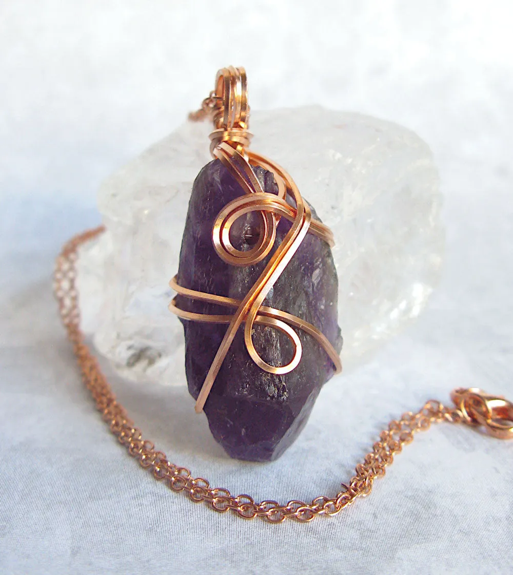 Raw Amethyst Crystal Pendant Necklace w/ 2 Swirls, Dark Purple, Copper Wire-Wrapped, w/ 20 Chain, Handmade