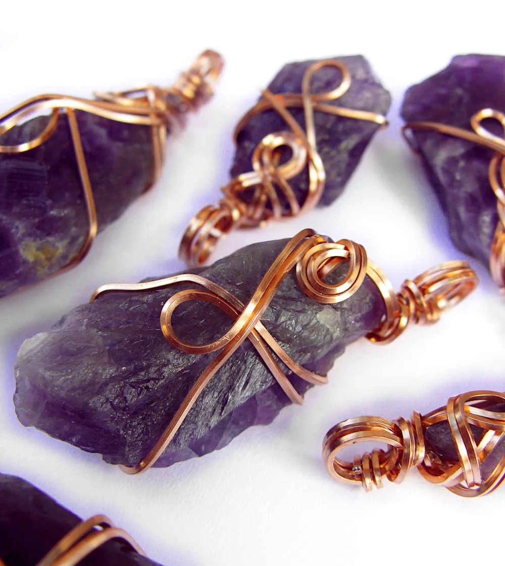 Raw Amethyst Crystal Pendant Necklace w/ 2 Swirls, Dark Purple, Copper Wire-Wrapped, w/ 20 Chain, Handmade