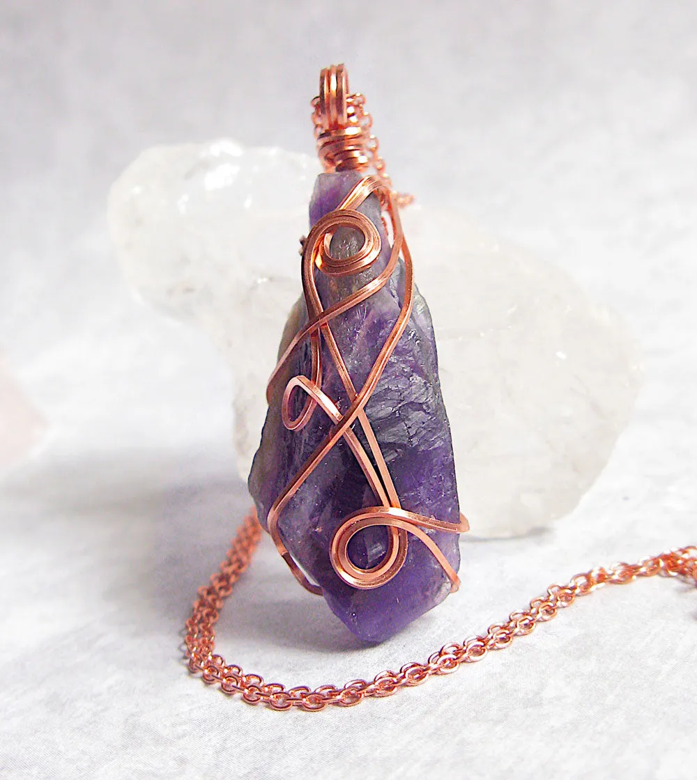 Raw Amethyst Crystal Pendant w/ 3 Swirls, Dark Purple, Copper Wire-Wrapped, w/ 20 Chain - Handmade