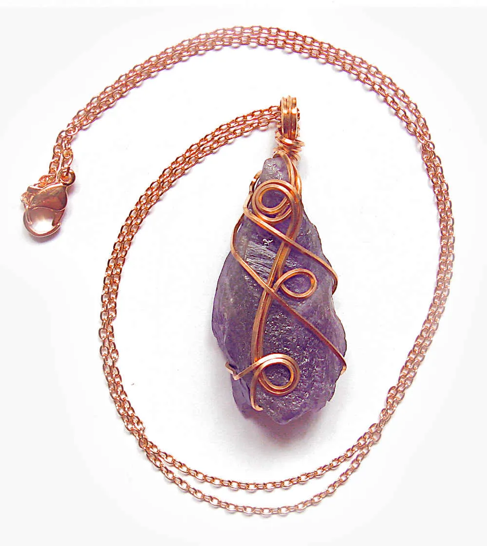 Raw Amethyst Crystal Pendant w/ 3 Swirls, Dark Purple, Copper Wire-Wrapped, w/ 20 Chain - Handmade