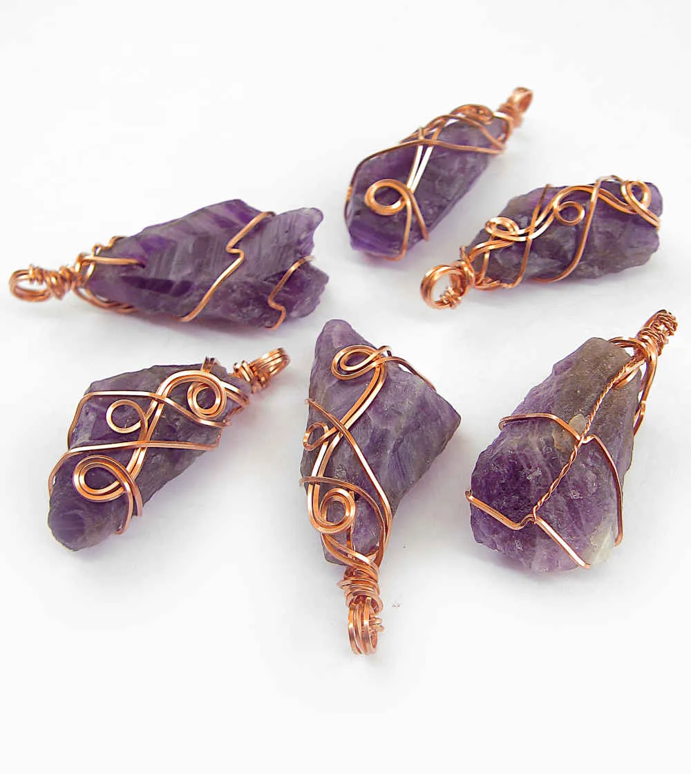 Raw Amethyst Crystal Pendant w/ 3 Swirls, Dark Purple, Copper Wire-Wrapped, w/ 20 Chain - Handmade