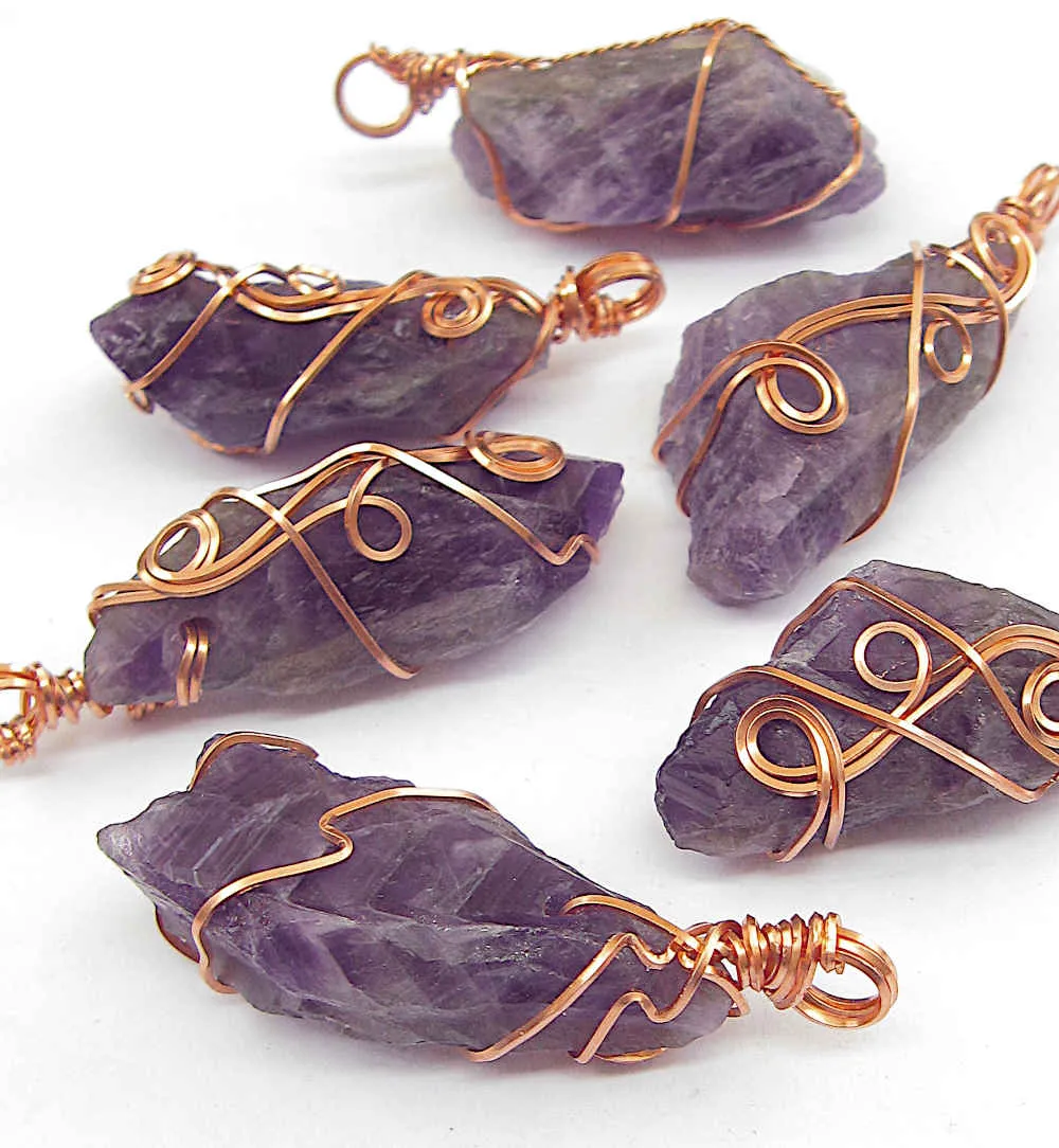 Raw Amethyst Crystal Pendant w/ 3 Swirls, Dark Purple, Copper Wire-Wrapped, w/ 20 Chain - Handmade