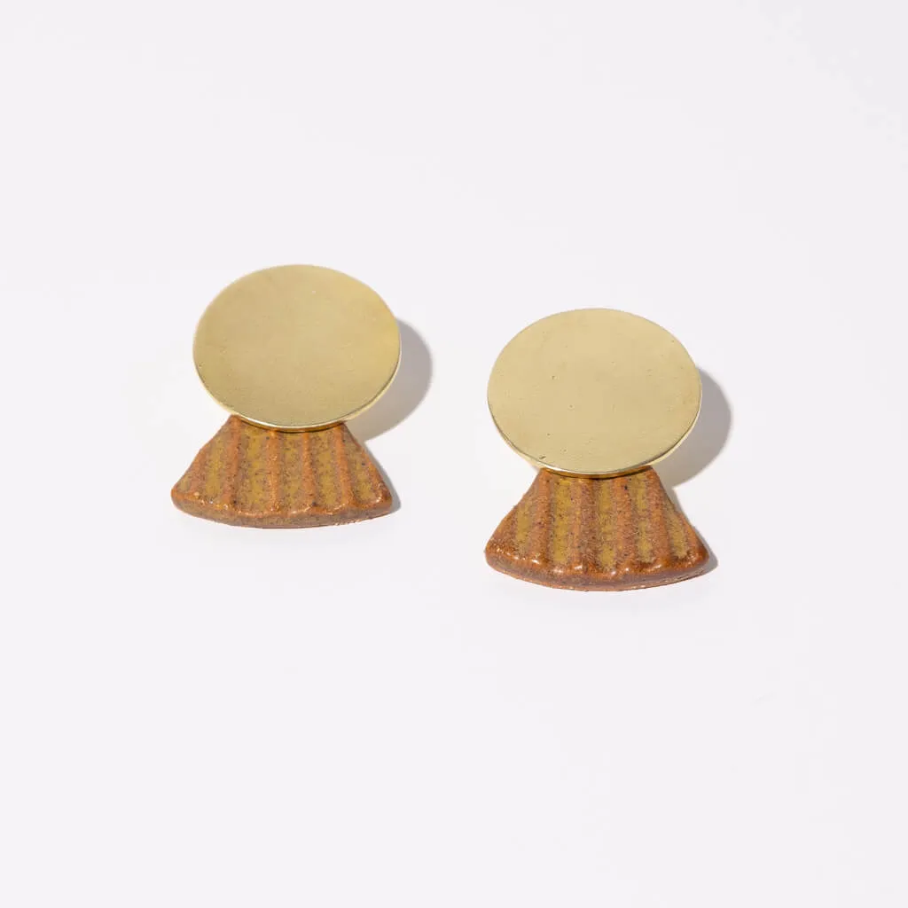 Reeded Fan Drop Earrings - Golden Umber + Brass