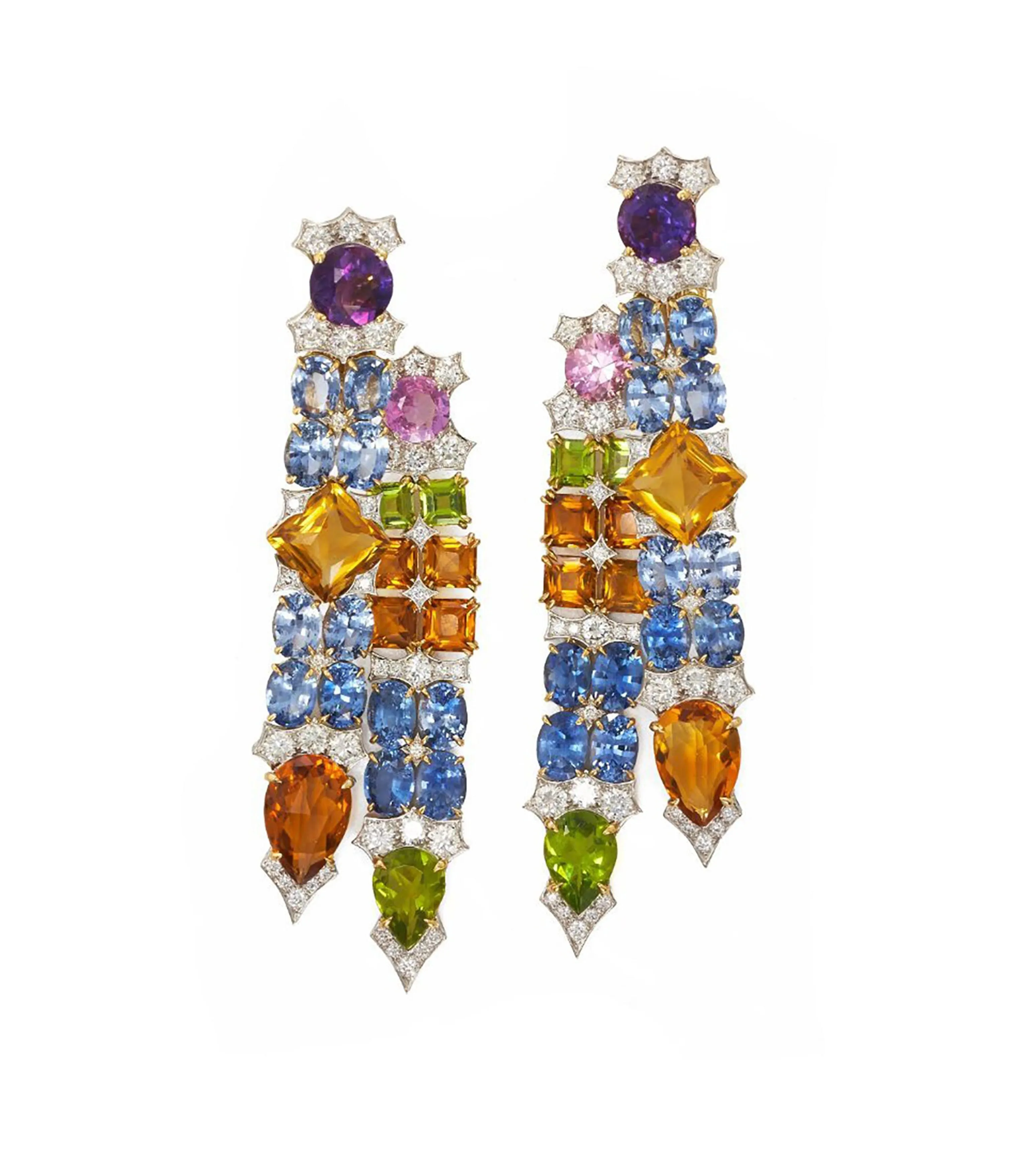 Streamer Earrings, Sapphire, Peridot, Citrine, Amethyst