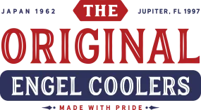 The Original Engel Coolers - Blue and Red badge Sticker on clear backing