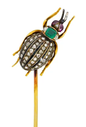 Victorian Emerald Enamel Diamond Ruby 14 Karat Gold Weevil Beetle Insect Stickpin