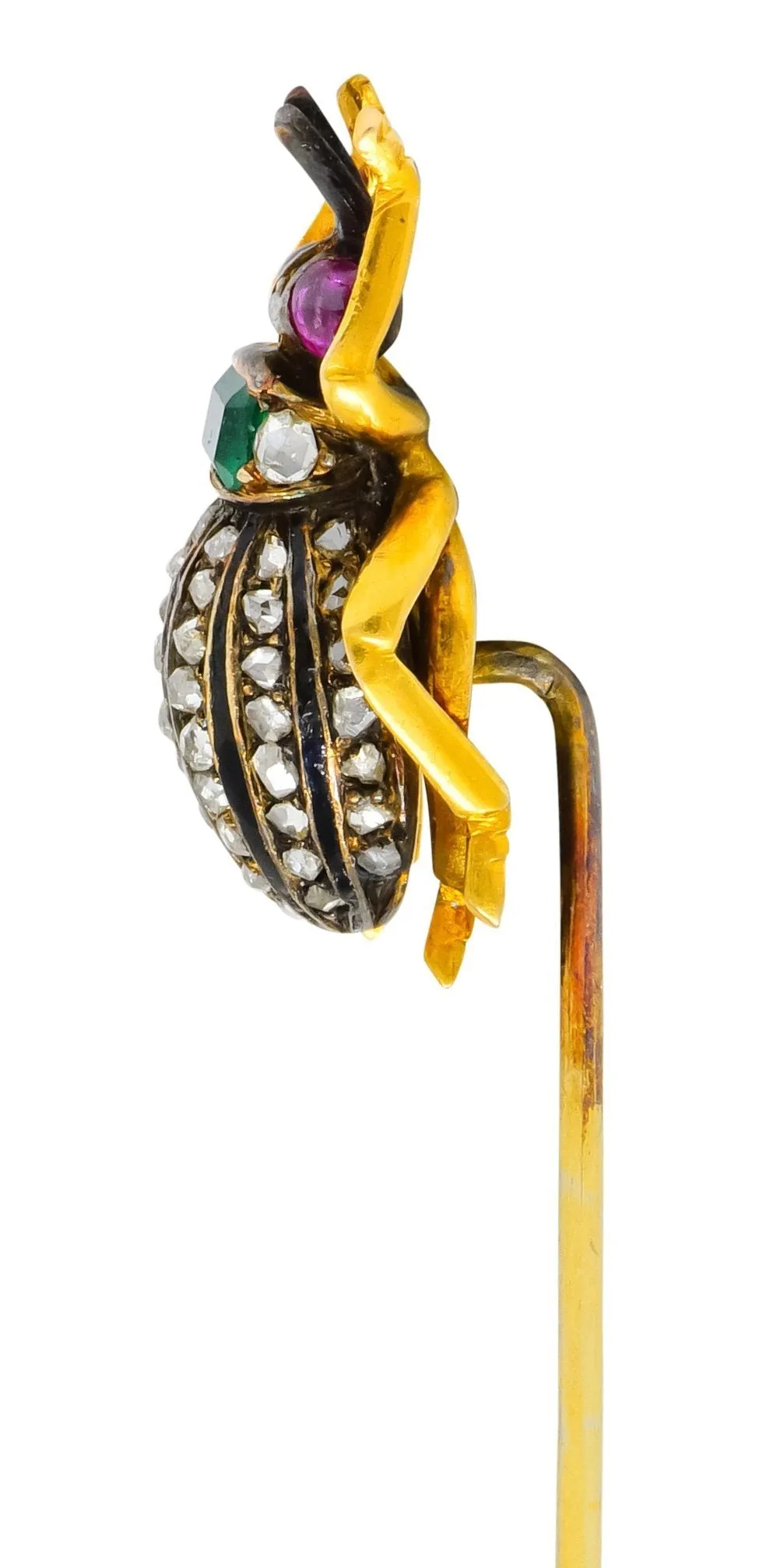 Victorian Emerald Enamel Diamond Ruby 14 Karat Gold Weevil Beetle Insect Stickpin