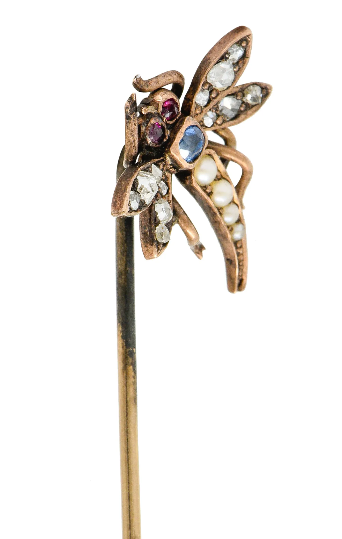 Victorian Pearl Diamond Sapphire Ruby 14 Karat Rose Gold Dragonfly Stickpin