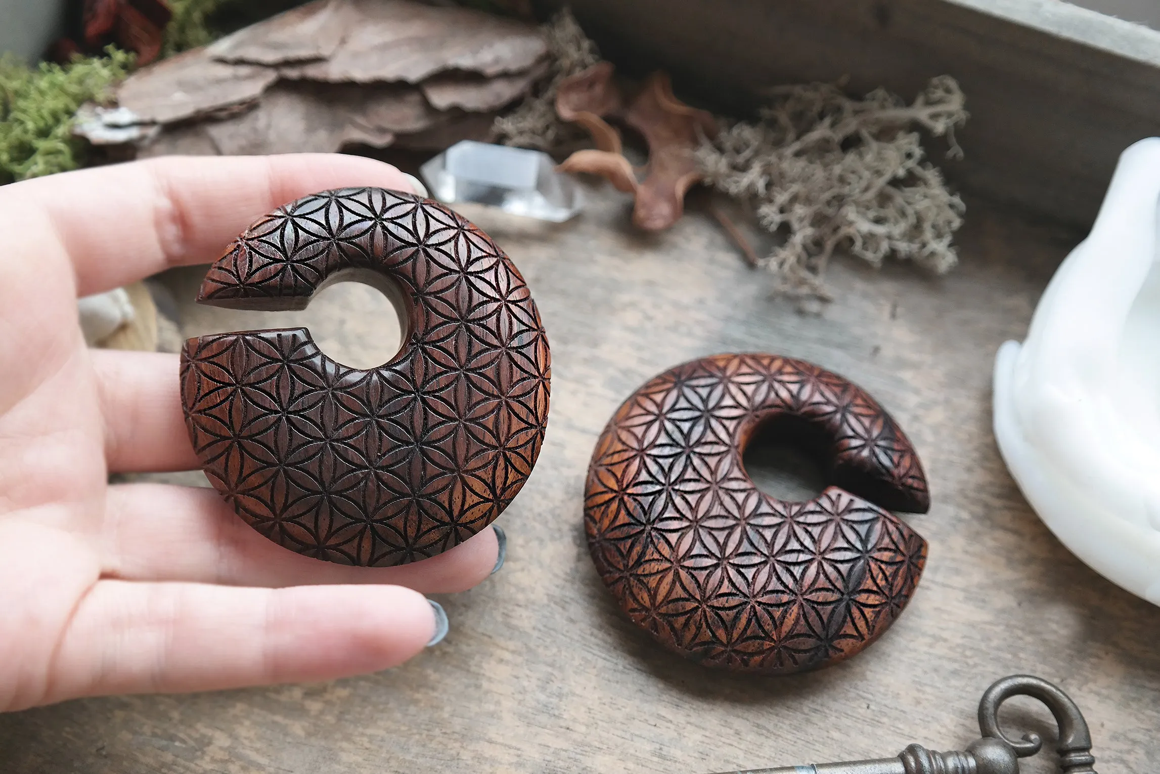 Wooden Flower of Life Ear Weights