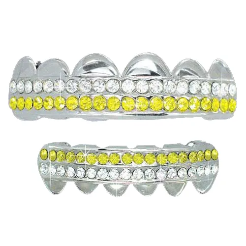 Yellow White 2 Row Iced Out Grillz Top Bottom Set